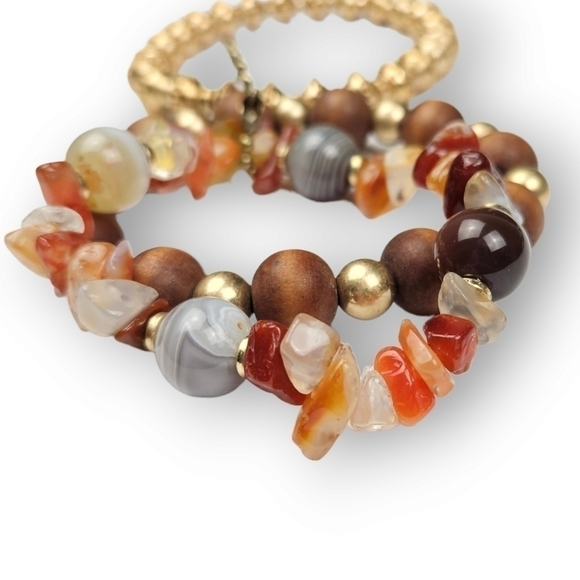 Beaded Bracelet Set Of 3 Natural Stone Wood Antiqued Gold Tone Bohemian ~7" Long - Picture 3 of 6